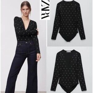 Zara Bodysuit NWT Black V Neck Silver Studded Knit Sweater Womens Size L